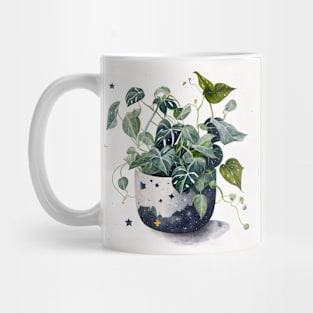 Lively Pothos Plant Illustration in a Decorative Pot with Cosmic Theme Mug